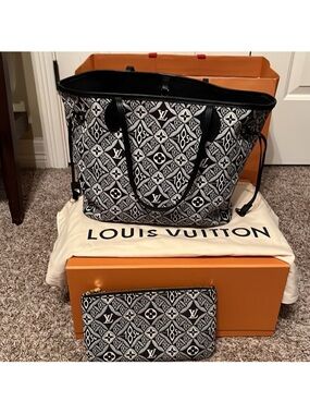 Louis Vuitton Black & White Monogram Diamond Pattern Tote with Pouch